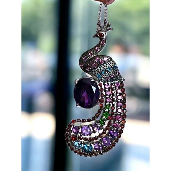 925 Sterling Crystal Peacock Pendant Necklace 2” Signed DK Bird Rhinestones - Picture 2 of 8